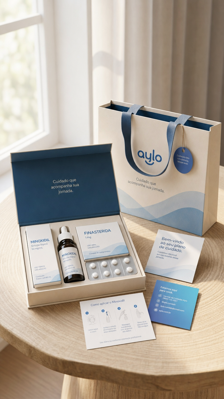 Unboxing do kit capilar Aylo à luz da janela: caixa azul-marinho aberta com minoxidil, cápsulas fortalecedoras e cartões de boas-vindas, sacola off-white com hangtag azul ao fundo
